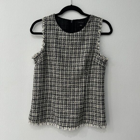 Ann Taylor Fringe Tweed Shell Sleeveless Black/White Top Sz 0 - Picture 4 of 13